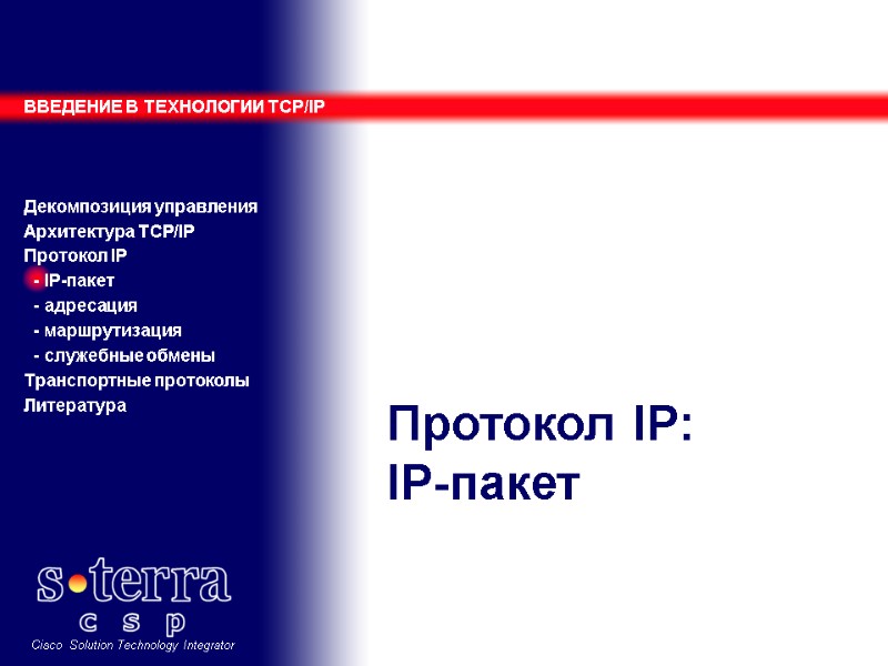 Протокол IP: IP-пакет ВВЕДЕНИЕ В ТЕХНОЛОГИИ TCP/IP    Декомпозиция управления Архитектура TCP/IP